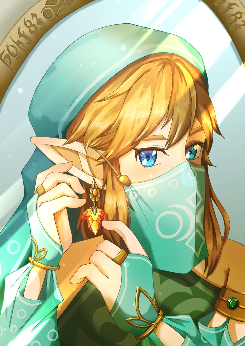 1boy adjusting_earrings blue_eyes covered_mouth earrings gerudo_set_(zelda) highres jewelry link male_focus mirror nintendo pointy_ears reflection reflection_focus sidelocks solo the_legend_of_zelda the_legend_of_zelda:_breath_of_the_wild upper_body who_is_yunta