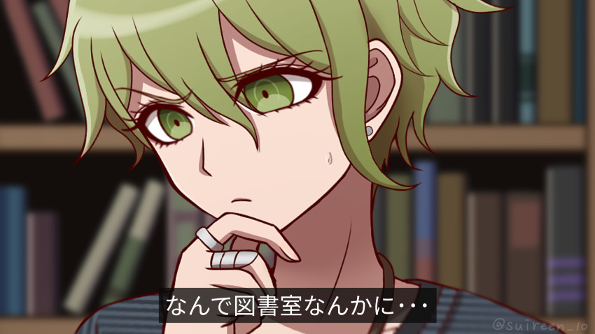 1boy absurdres amami_rantaro artist_name blurry blurry_background bookshelf danganronpa_(series) danganronpa_v3:_killing_harmony earrings frown green_eyes green_hair hair_between_eyes highres jewelry looking_down looking_to_the_side male_focus necklace portrait ring shirt short_hair solo striped_clothes striped_shirt suiren_yurei sweatdrop translation_request