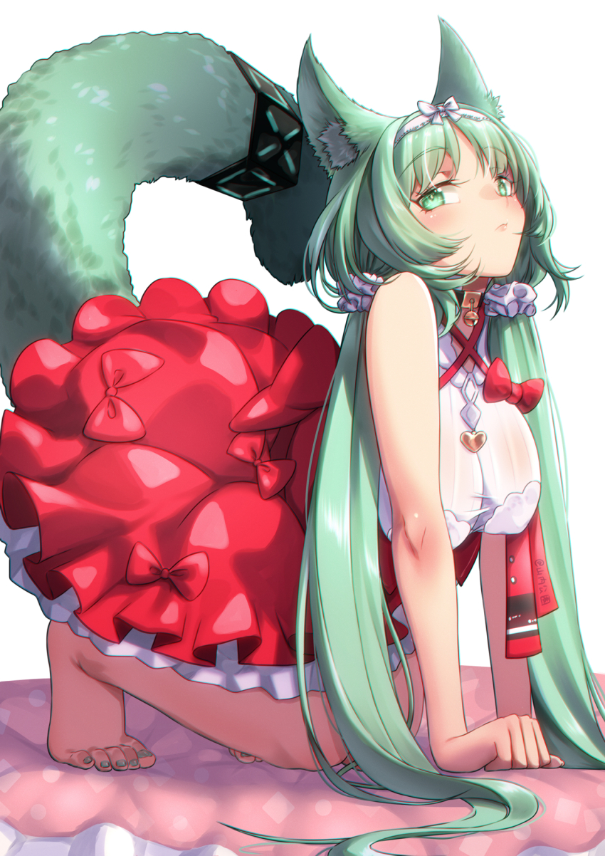 1girl all_fours animal_collar animal_ear_fluff animal_ears arknights artist_name barefoot bell blush bow breasts cat_ears cat_girl cat_tail chinese_commentary closed_mouth collar commentary_request dress eyelashes feet frilled_dress frills full_body green_eyes green_hair green_nails hair_ornament hair_scrunchie hairband harmonie_(arknights) harmonie_(decoration)_(arknights) highres large_breasts long_hair looking_at_viewer mixed-language_commentary nail_polish neck_bell parted_bangs red_bow red_dress scrunchie simple_background solo tail toenail_polish toenails toes twintails very_long_hair white_background white_hairband yamauchi_(conan-comy)