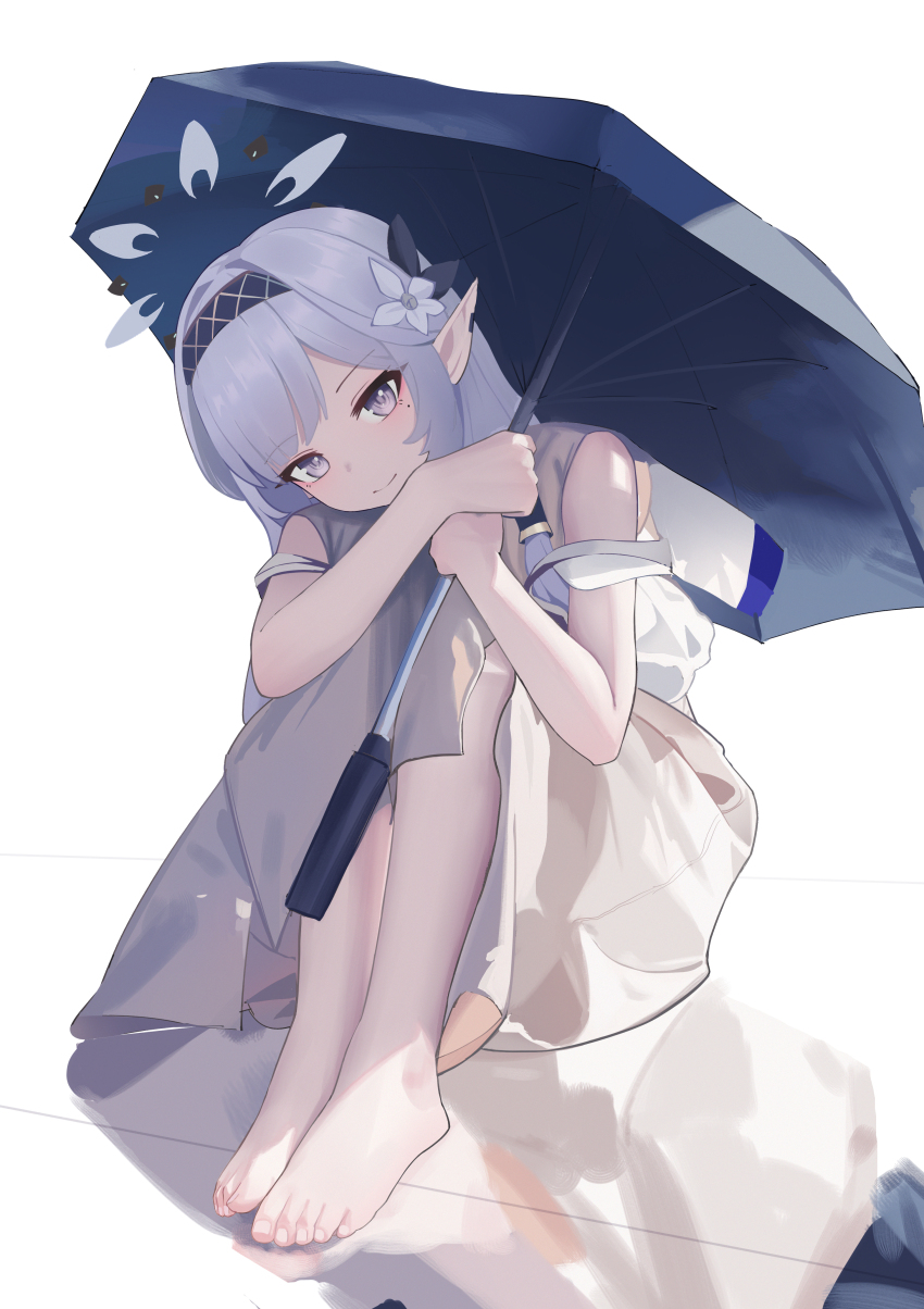 1girl absurdres barefoot blue_archive feet grey_eyes grey_hair hairband highres himari_(blue_archive) lishu_(2013547716) long_hair looking_at_viewer pointy_ears smille toes umbrella white_background