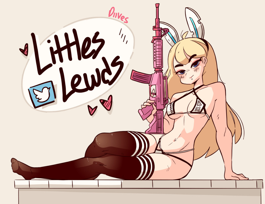 1girl animal_ears artist_name assault_rifle bikini black_thighhighs blonde_hair blue_eyes breasts commentary diives english_commentary fake_animal_ears full_body gun halterneck heart highres lip_piercing long_hair m4_carbine medium_breasts micro_bikini mismatched_eyebrows narrow_waist navel original piercing rabbit_ears rifle signature sitting smile solo swimsuit thighhighs trigger_discipline twitter_logo weapon yokozuwari