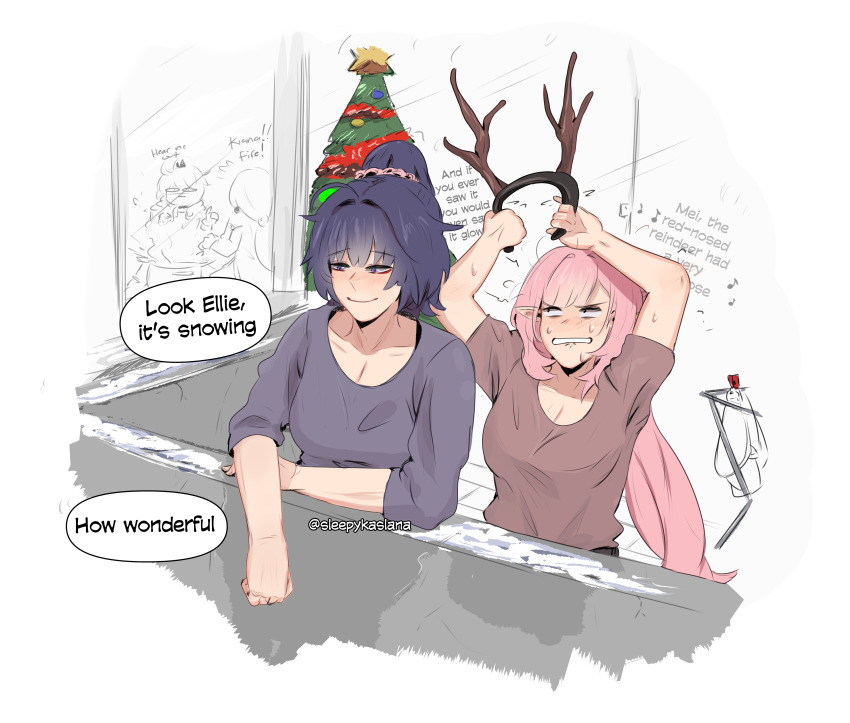 4girls absurdres antlers arms_up brown_shirt christmas_tree clenched_teeth commentary eighth_note elysia_(honkai_impact) english_text fake_antlers fu_hua grey_shirt highres honkai_(series) honkai_impact_3rd horns kiana_kaslana long_hair multiple_girls musical_note pink_hair pointy_ears ponytail purple_hair raiden_mei railing reindeer_antlers shirt short_sleeves sleepy_kaslana sleeves_past_elbows snow speech_bubble teeth twitter_username very_long_hair window