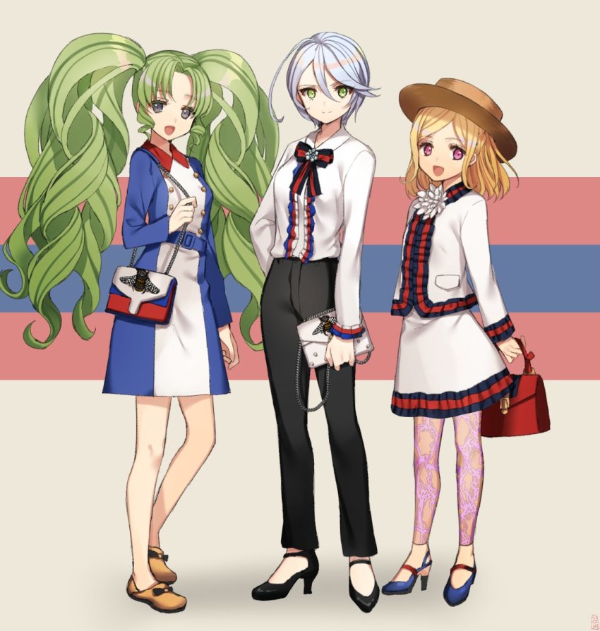 3girls :d bad_id bad_twitter_id bag belt black_footwear black_pants blonde_hair blue_dress bow bowtie collared_dress commentary_request copyright_request dress drill_hair falulu falulu_(awakened) gambe green_eyes green_hair grey_eyes grey_hair hair_between_eyes handbag high-waist_pants high_heels holding jacket long_hair long_sleeves looking_at_viewer multiple_girls open_mouth pants pink_eyes shirt shoes short_hair shoulder_bag smile twin_drills twintails white_shirt