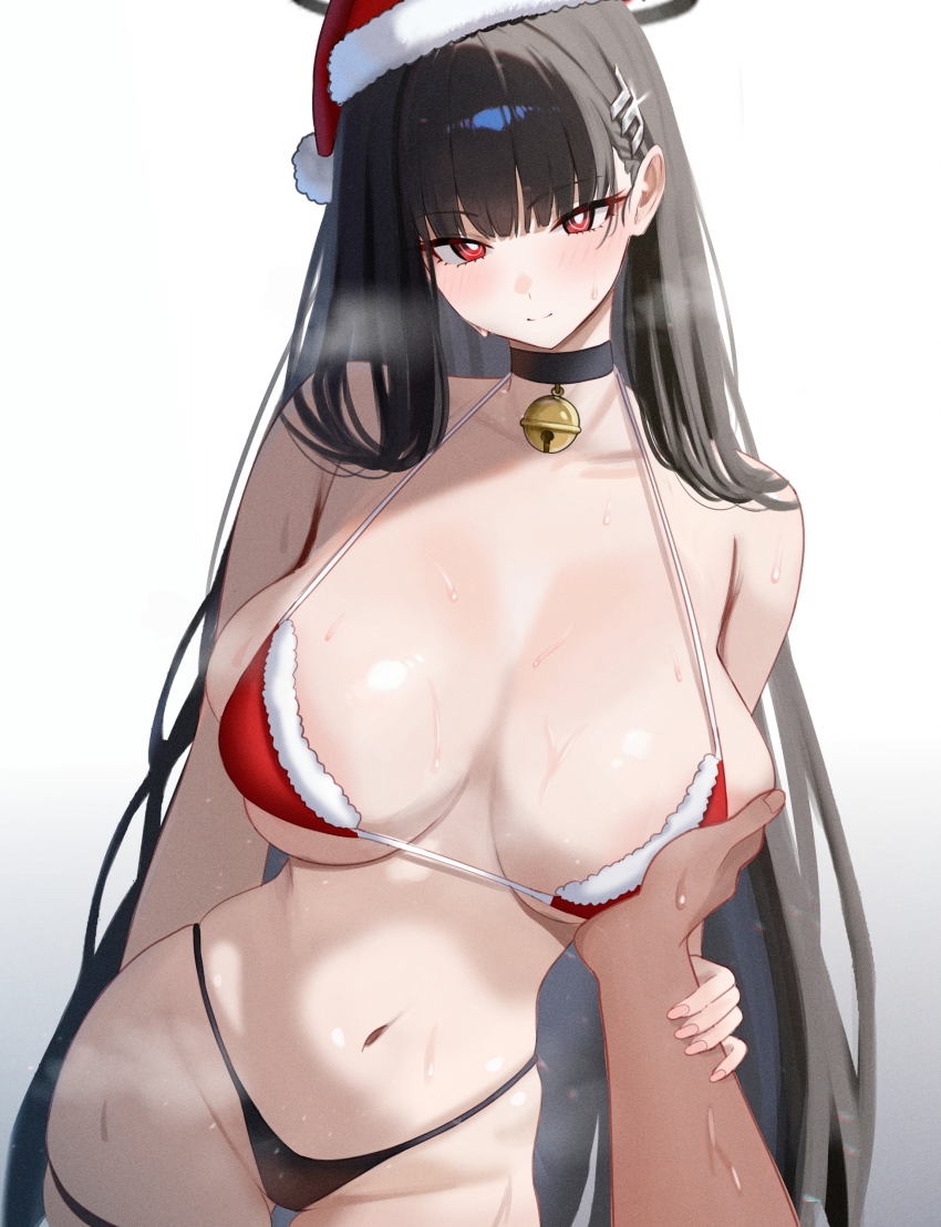 1girl 1other absurdres bare_shoulders bell bikini black_bikini black_hair black_halo blue_archive breasts commentary_request cowboy_shot grabbing_another&#039;s_arm grabbing_another&#039;s_breast groping hair_ornament hairclip halo hat highres huge_breasts long_hair looking_at_viewer mijikayo navel neck_bell pov pov_hands red_eyes rio_(blue_archive) santa_bikini santa_hat simple_background stomach sweat swimsuit thigh_strap thighs very_long_hair white_background