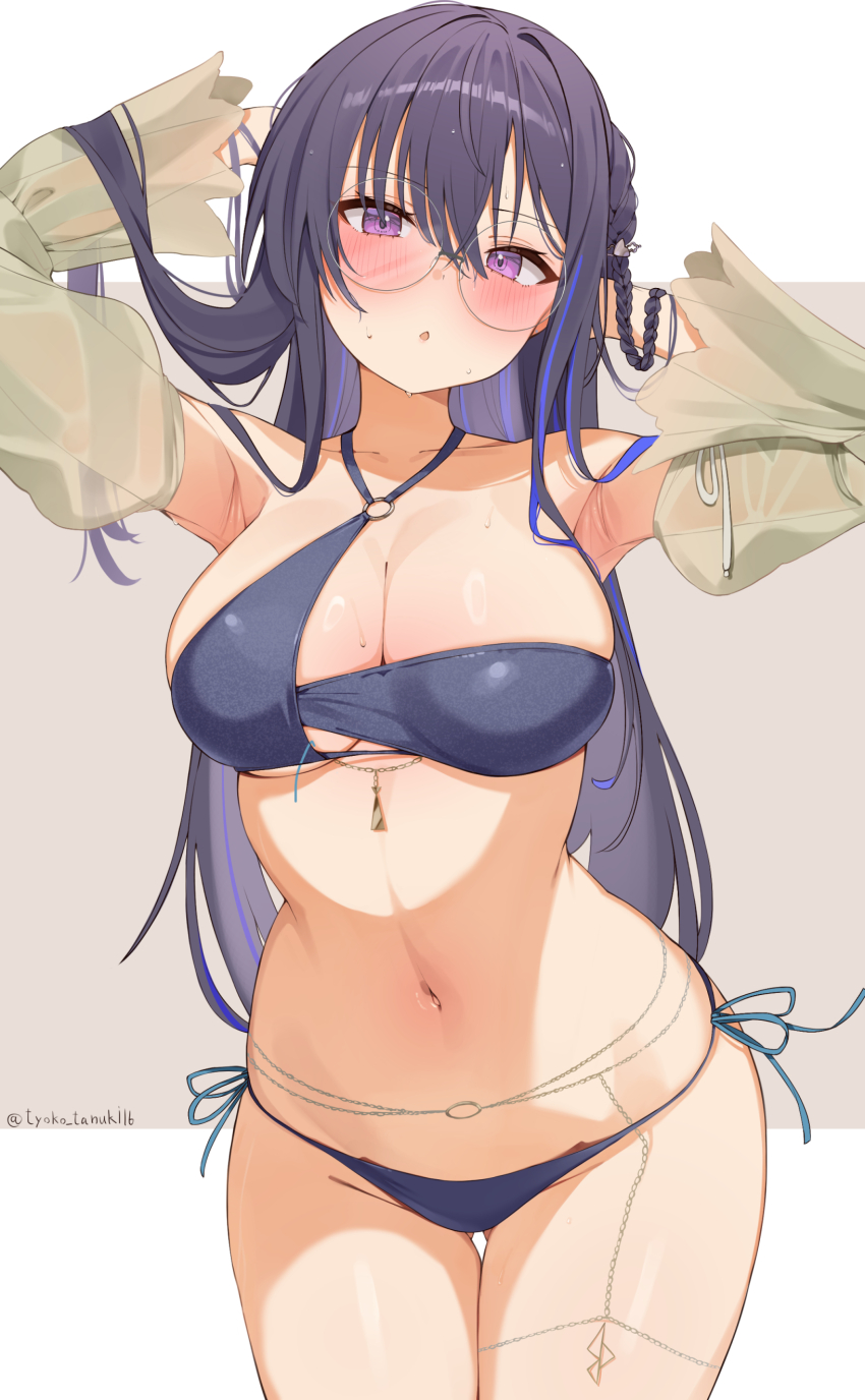 1girl absurdres arched_back arms_behind_head arms_up belly_chain bikini black_hair blue_hair blush braid breasts choco_tanuki cleavage cowboy_shot detached_sleeves embarrassed glasses gluteal_fold halterneck highres ichinose_uruha jewelry large_breasts long_hair looking_at_viewer lupinus_virtual_games multicolored_hair narrow_waist nervous_sweating o-ring o-ring_bikini parted_lips purple_eyes round_eyewear see-through_clothes see-through_sleeves side-tie_bikini_bottom side_braid solo streaked_hair sweat swimsuit thick_thighs thighs twitter_username very_sweaty virtual_youtuber vspo! wide_hips