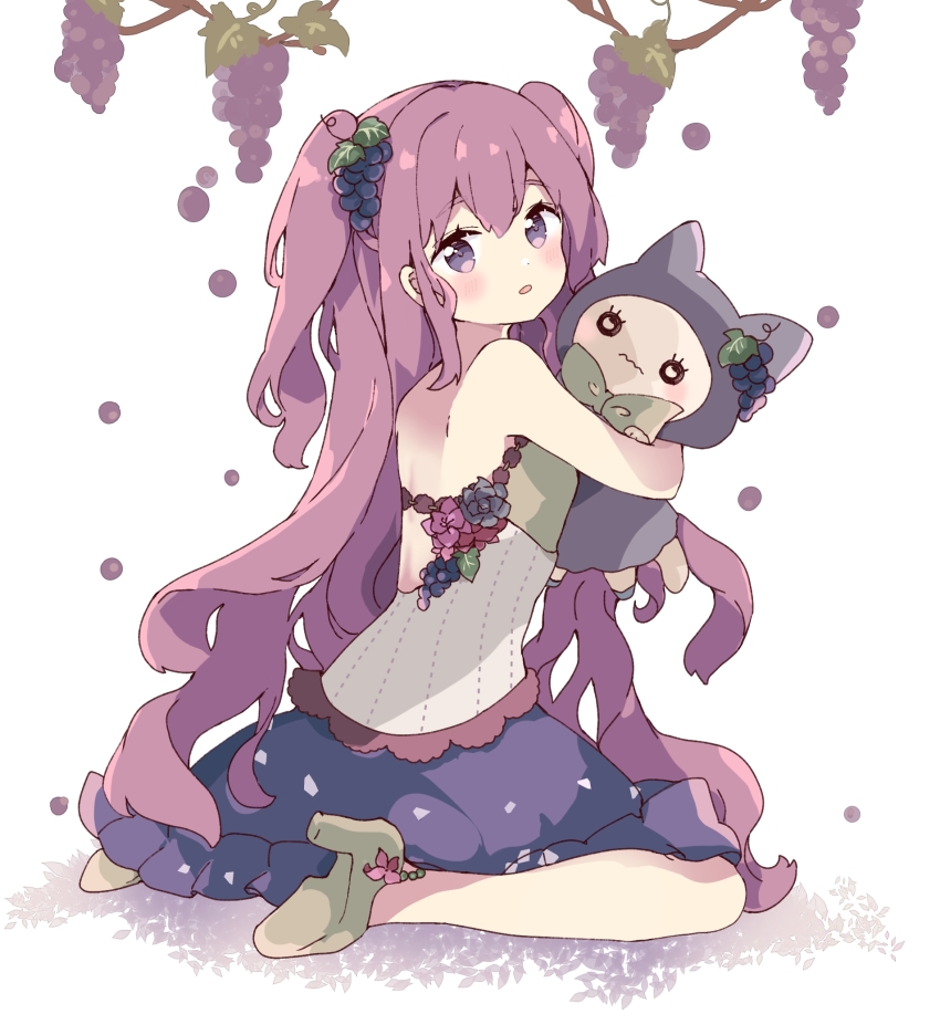 1girl animal_ears back bare_arms bare_legs bare_shoulders blush commentary food food-themed_hair_ornament fruit grape_hair_ornament grape_vine grapes green_footwear hair_ornament high_heels highres hug kneeling long_hair looking_at_viewer original parted_lips purple_eyes purple_hair purple_skirt shirt skirt symbol-only_commentary tail tsukiyo_(skymint) twintails very_long_hair white_shirt