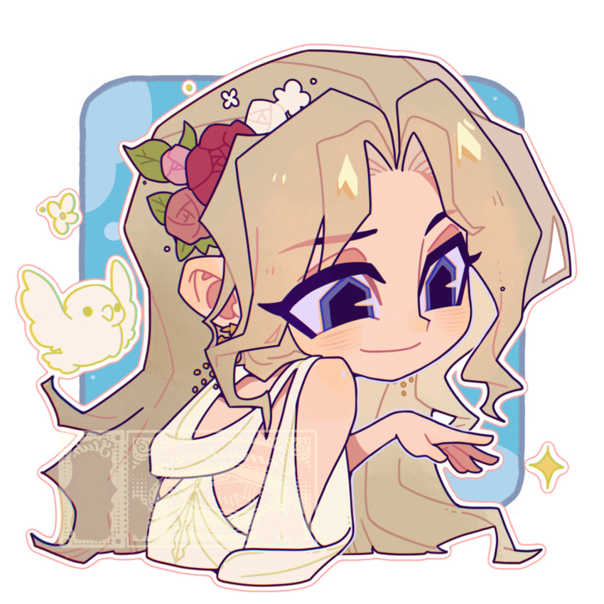 ancient_greek_clothes anime_coloring bird blonde_hair blue_eyes chibi colored_skin earrings flower greco-roman_clothes hair_flower hair_ornament highres jewelry lineart long_hair non-web_source portrait traditional_greek_clothes wavy_hair yume_kawaii