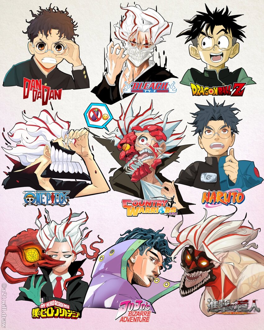 1boy a2t_will_draw big_jaws black_hair black_jacket bleach blue_jacket boku_no_hero_academia brown_eyes cape country_warriors crossover crying dandadan dragon_ball dragonball_z dress_shirt ghost glasses gloves green_gloves highres jacket jojo_no_kimyou_na_bouken long_hair messy_hair naruto_(series) necktie one_piece purple_cape red_necktie red_streaks ringed_eyes round_eyewear school_uniform shingeki_no_kyojin shirt takakura_ken_(dandadan) titan_(shingeki_no_kyojin) transformation white_hair white_shirt