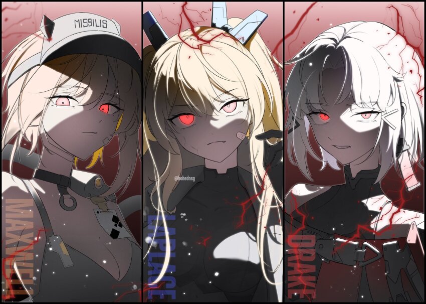 3girls armored_leotard bandaid bandaid_on_cheek bandaid_on_face black_bodysuit black_leotard blonde_hair blue_eyes bodysuit breasts character_name chikyuu_(bohednsg) cleavage clenched_teeth drake_(nikke) earpiece earrings electricity fang frown glowing glowing_eyes goddess_of_victory:_nikke hair_ornament hairclip highres jewelry laplace_(nikke) leotard long_hair looking_at_viewer maxwell_(nikke) medium_breasts microphone multiple_girls orange_hair red_eyes short_hair sidelocks small_breasts sports_bra teeth twintails twitter_username white_hair white_sports_bra