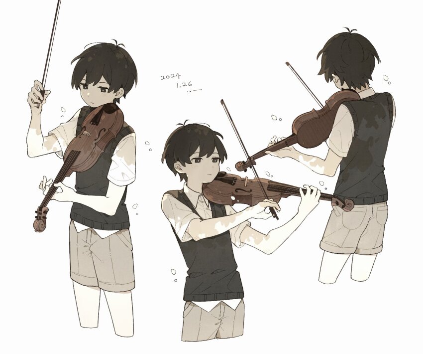 1boy black_eyes black_hair bow_(music) brown_shorts closed_mouth collared_shirt dated expressionless highres holding holding_bow_(music) holding_instrument holding_violin instrument izm_ovo omori shirt short_hair short_sleeves shorts simple_background solo sunny_(omori) violin white_background white_shirt