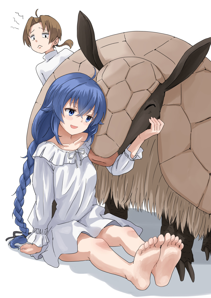 1boy 1girl armadillo barefoot blue_eyes blue_hair blush_stickers braid brown_hair collarbone dillo_(mushoku_tensei) dress feet full_body highres long_hair long_sleeves matching_hair/eyes mushoku_tensei open_mouth roxy_migurdia rudeus_greyrat simple_background sitting smile soles syagare toes twin_braids white_background white_dress