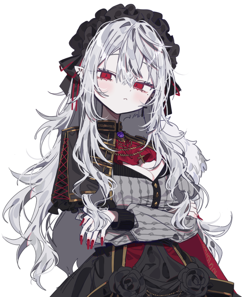 1girl :&lt; arms_under_breasts ascot black_flower black_rose blush breasts cleavage closed_mouth crossed_arms dress ear_piercing fingernails flower genderswap genderswap_(mtf) grey_hair hair_between_eyes hairband highres kuzuha_(nijisanji) large_breasts lolita_fashion lolita_hairband long_fingernails long_hair long_sleeves looking_at_viewer mole mole_under_eye nijisanji patzzi piercing pointy_ears red_ascot red_eyes red_nails rose sanya_(kuzuha) simple_background solo very_long_hair virtual_youtuber white_background