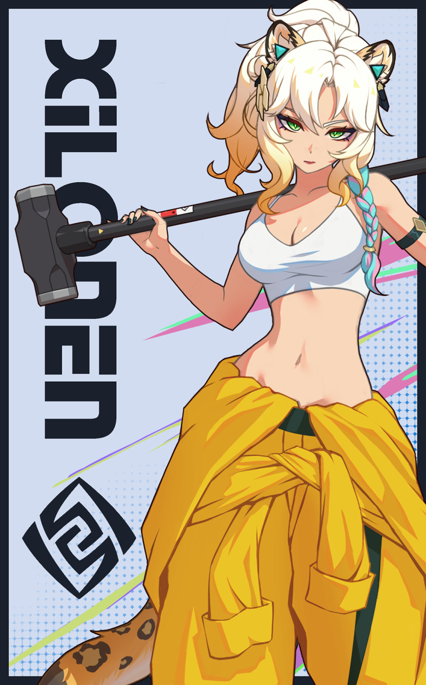 1girl animal_ears bin_seb black_nails blacksmith blonde_hair breasts character_name crop_top genshin_impact geo_symbol_(genshin_impact) green_eyes hammer highres holding holding_hammer jaguar_ears jaguar_girl jaguar_tail large_breasts looking_at_viewer medium_hair nail_polish pants tail xilonen_(genshin_impact)