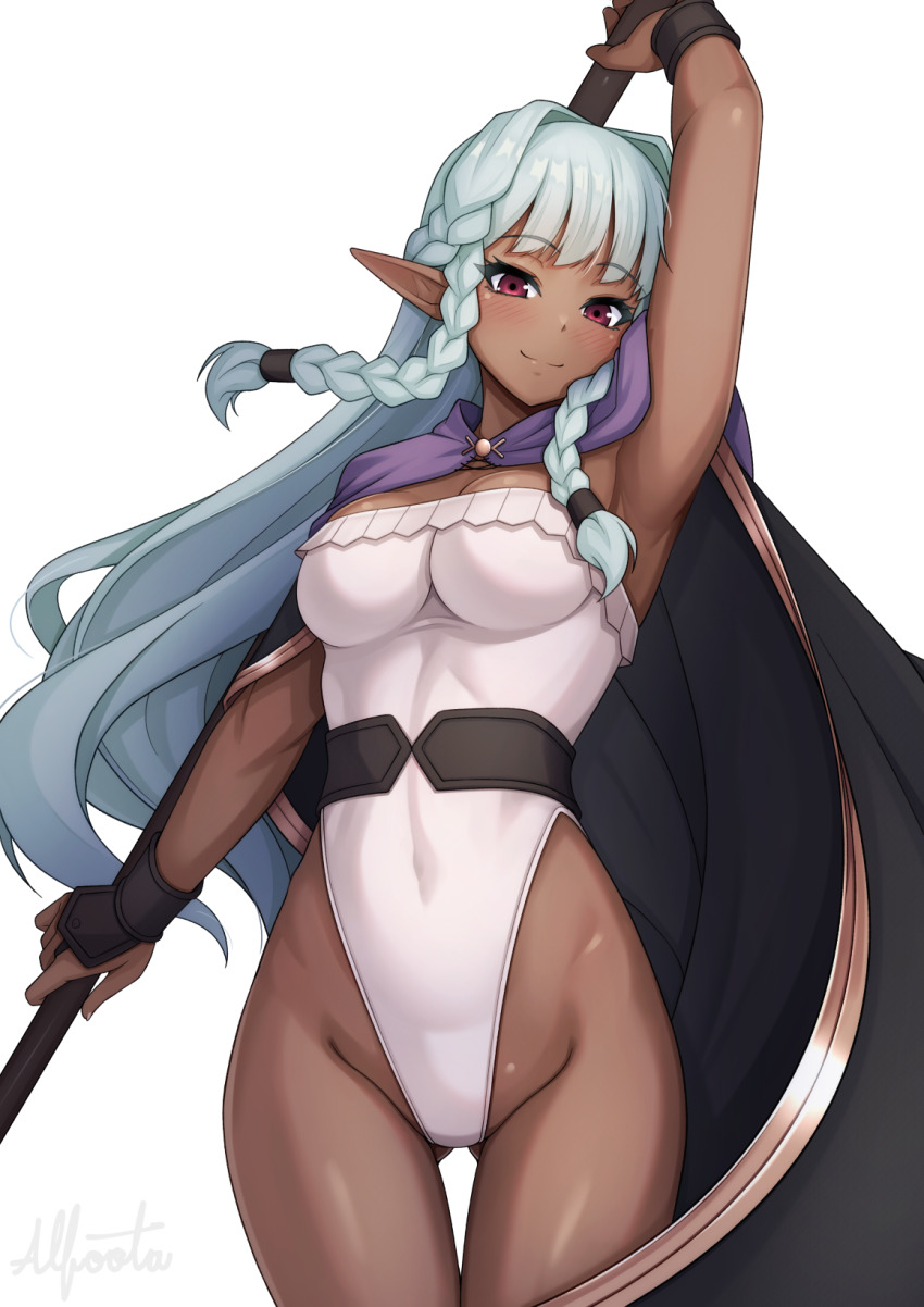 1girl alfort_(may0508) armpits black_cape black_gloves blue_hair braid breasts cape commentary_request dark-skinned_female dark_skin fingerless_gloves gloves highres holding holding_polearm holding_weapon leotard long_hair medium_breasts pointy_ears polearm red_eyes rosalinde_(unicorn_overlord) signature simple_background smile solo twin_braids unicorn_overlord weapon white_background white_leotard