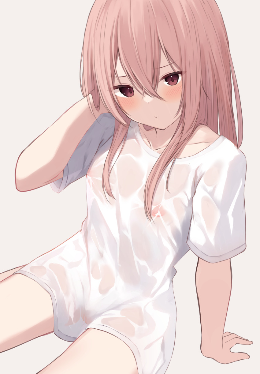 1girl absurdres arm_support blush breasts brown_eyes brown_hair closed_mouth commentary_request covered_erect_nipples grey_background hand_up highres inui_sajuna long_hair looking_at_viewer memekko nipples see-through_clothes shirt short_sleeves simple_background sitting small_breasts solo sono_bisque_doll_wa_koi_wo_suru wet wet_clothes wet_shirt white_shirt