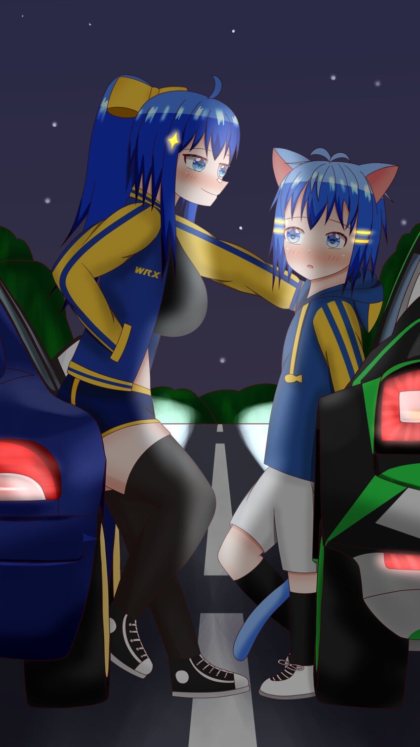 age_difference animal_ears artist_name blue_eyes blue_jacket blue_sleeves breasts car cat_boy cat_ears child highres jacket large_breasts motor_vehicle nekomi_ch onee-shota original personification racing subaru_(brand)