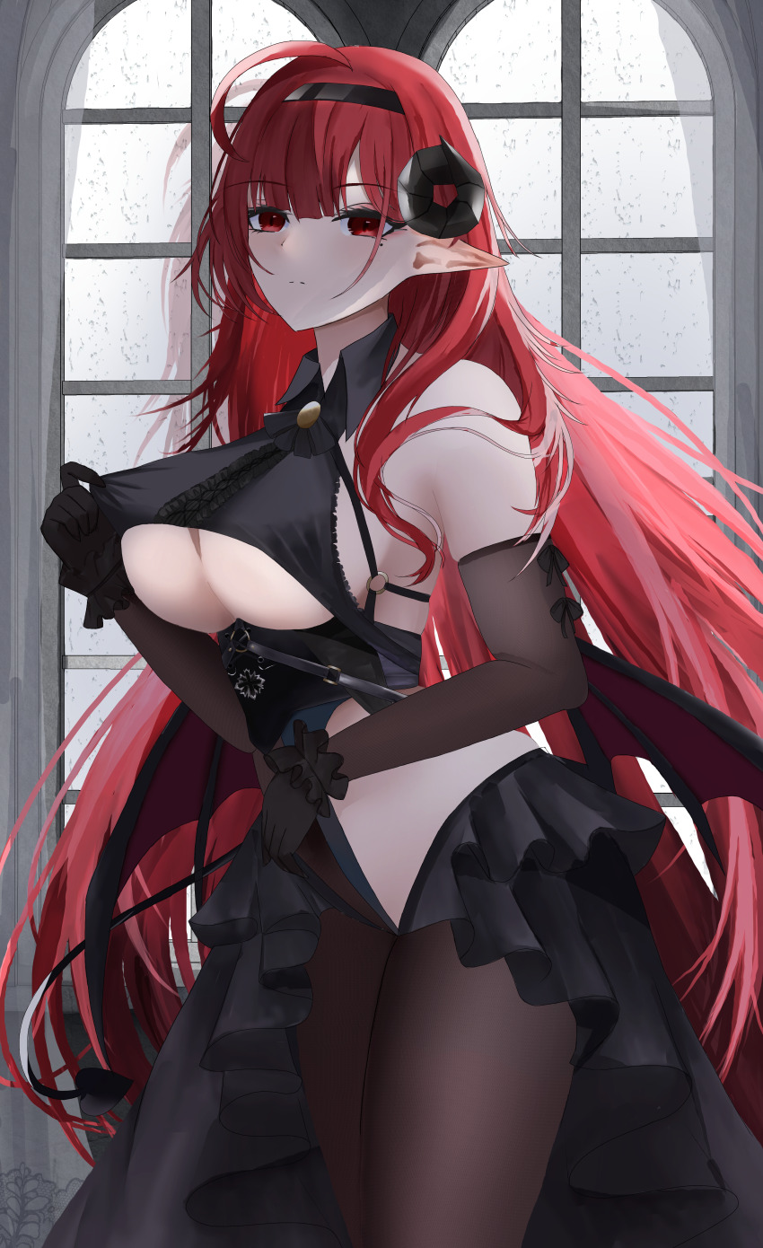 1girl absurdres azur_lane black_headband black_horns breasts center_cross_lace center_frills clothing_cutout curled_horns demon_girl demon_wings dress dress_tug elbow_gloves frilled_gloves frills gloves headband highres hindenburg_(azur_lane) horns large_breasts long_hair red_eyes red_hair rei_tuki solo underboob underboob_cutout wings