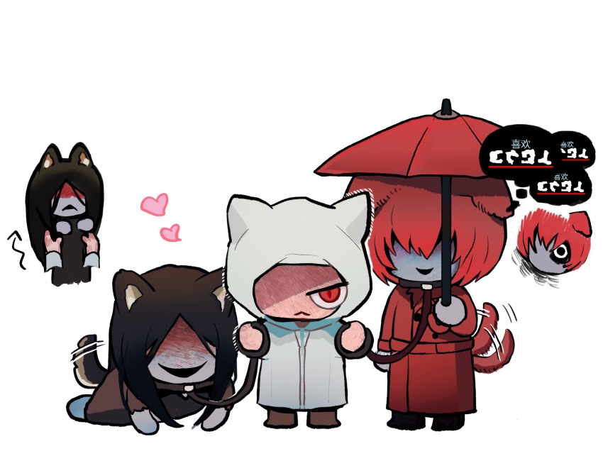 1girl 2boys absurdres animal_ears black_hair black_kimono blood blood_on_face cat_ears cat_girl chibi chinese_commentary chinese_text coat collar commentary_request dog_boy dog_ears dog_tail full_body heroine_(homicipher) highres holding holding_leash holding_umbrella homicipher homicipher_text japanese_clothes kemonomimi_mode kimono leash long_hair looking_at_viewer mr._crawling mr._scarletella multiple_boys multiple_views red_coat red_eyes red_hair red_umbrella short_hair simple_background standing tail tail_wagging translation_request umbrella white_background white_raincoat zlllct