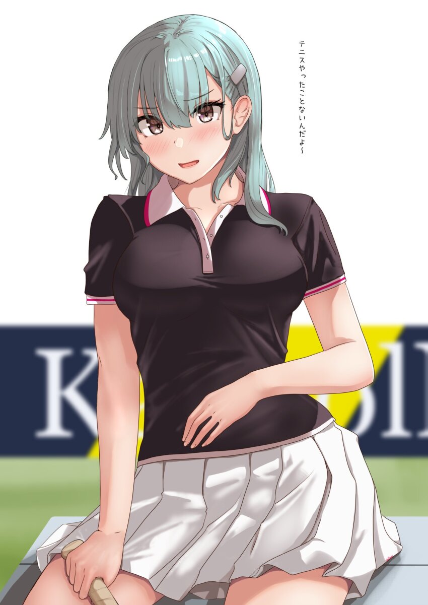 1girl aqua_hair black_shirt blush breasts chair hair_ornament hairclip highres holding holding_racket jouzaburou_(joe3) kantai_collection large_breasts long_hair looking_at_viewer open_mouth outdoors racket shirt short_sleeves sitting skirt solo sportswear suzuya_(kancolle) tennis tennis_racket tennis_skirt tennis_uniform two-tone_shirt yellow_eyes