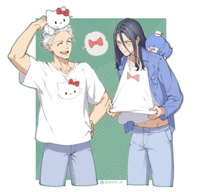 2boys blue_hair closed_eyes denim hello_kitty hello_kitty_(character) highres jacket jeans long_sleeves male_focus medium_hair multiple_boys open_clothes open_jacket open_mouth pants sanrio shirt short_hair smile soul_(tamashii) sugishita_kyoutarou umemiya_hajime white_hair white_shirt wind_breaker_(nii_satoru)