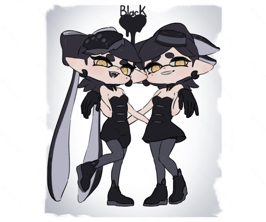 2girls alternate_color ankle_boots black_collar black_dress black_footwear black_gloves black_hair black_jumpsuit boots bow-shaped_hair breasts callie_(splatoon) collar commentary_request coula_cat cross-shaped_pupils detached_collar dress earrings fangs full_body gloves grey_pantyhose grey_tongue grin highres inkling jewelry jumpsuit long_hair looking_at_viewer marie_(splatoon) mole mole_under_eye multiple_girls nintendo open_mouth pantyhose pointy_ears short_hair short_jumpsuit smile splatoon_(series) standing standing_on_one_leg strapless strapless_dress symbol-shaped_pupils tentacle_hair twintails yellow_eyes