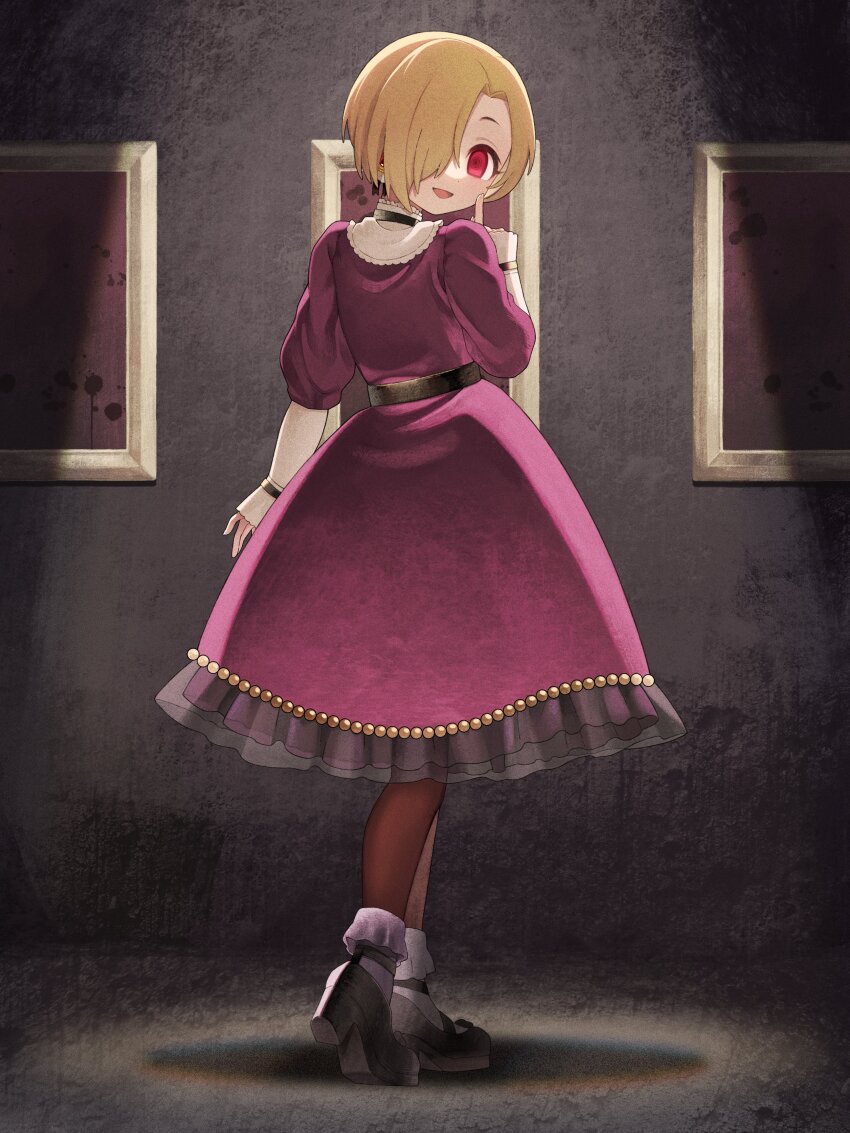 1girl absurdres blonde_hair bobby_socks commission dokodemonai dress full_body hair_over_one_eye highres idolmaster idolmaster_cinderella_girls looking_at_viewer looking_back mary_janes open_mouth pantyhose purple_dress red_eyes shirasaka_koume shoes short_hair skeb_commission smile socks socks_over_pantyhose solo standing