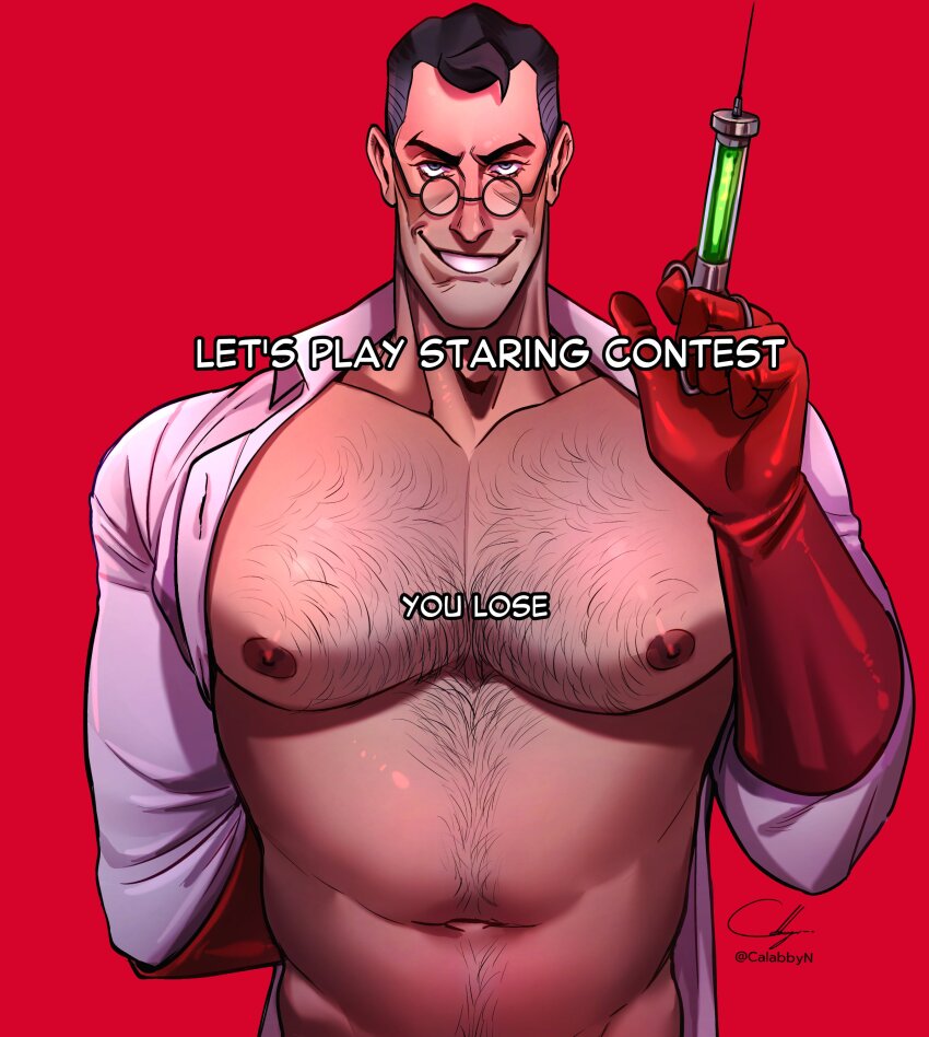 1boy absurdres bara bare_pectorals black_hair cabbage_(ncalabby) chest_hair facial_hair glasses gloves grey_hair hat highres holding holding_syringe huge_pectorals lab_coat large_pectorals looking_at_viewer male_focus mature_male medic_(tf2) muscular muscular_male navel navel_hair nipples pectoral_focus pectorals red_gloves red_medic_(tf2) rubber_gloves short_hair solo staring staring_contest stubble syringe team_fortress_2