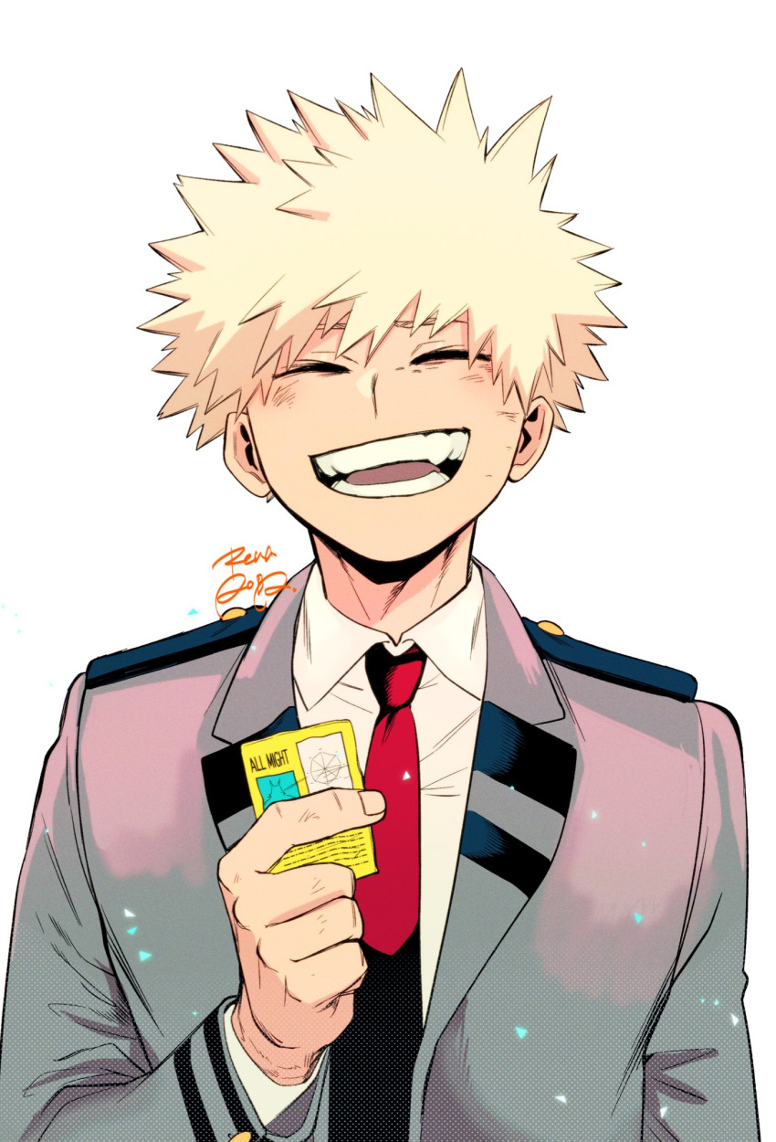 1boy bakugou_katsuki blonde_hair boku_no_hero_academia card character_print collared_shirt long_sleeves male_focus necktie rena_aoba school_uniform shirt short_hair smile solo spiked_hair teeth u.a._school_uniform