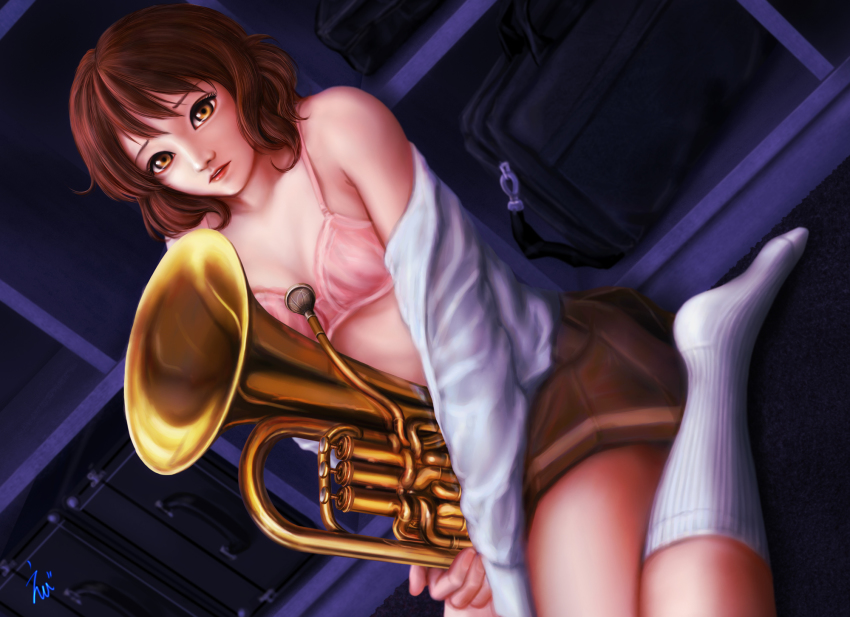 10s 1girl black_hair bra breasts brown_eyes brown_hair ebi_(eeotoko) euphonium female_focus hibike!_euphonium highres instrument lips nose off_shoulder open_clothes open_shirt oumae_kumiko pink_bra school_uniform shirt short_hair small_breasts solo tuba underwear