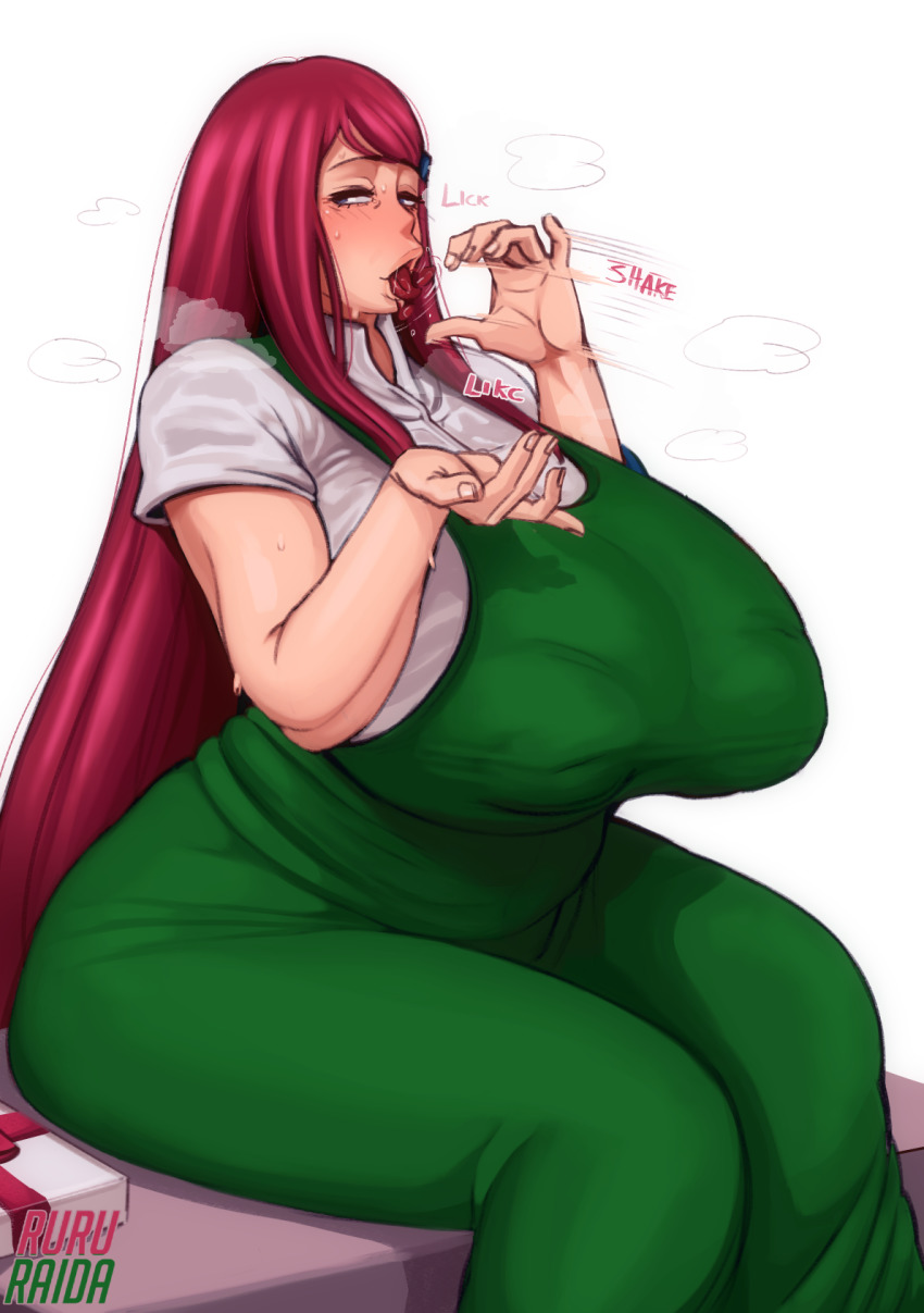 1girl blue_eyes blush breasts curvy fellatio_gesture gigantic_breasts half-closed_eyes heart highres long_hair looking_at_viewer mature_female naruto_(series) naruto_shippuuden naughty_face open_mouth plump red_hair ruru-raida sexually_suggestive simple_background sitting solo tongue tongue_out uzumaki_kushina very_long_hair white_background