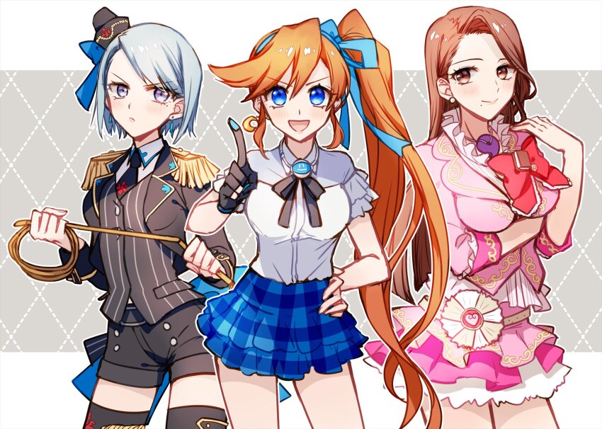 3girls :d ace_attorney alternate_costume argyle_background argyle_clothes athena_cykes back_bow belt black_gloves black_headwear black_jacket black_necktie black_ribbon black_shorts blue_bow blue_eyes blue_hair blue_hairband blue_ribbon bow brown_eyes brown_hair buttons closed_mouth collared_shirt cosplay cowboy_shot crescent crescent_earrings cropped_jacket crossed_arms earrings epaulettes franziska_von_karma frilled_shirt frilled_skirt frilled_sleeves frills gloves grey_background hair_ribbon hairband hand_on_own_hip hand_up hands_up hat hat_bow headwear_request highres holding holding_whip jacket jewelry lapels letterboxed long_hair long_sleeves looking_at_viewer magatama magatama_necklace mia_fey minami_mirei minami_mirei_(cosplay) mini_hat miniskirt mole mole_under_eye mole_under_mouth multiple_girls neck_ribbon necklace necktie open_mouth orange_hair partially_fingerless_gloves pink_jacket pink_skirt plaid_clothes plaid_skirt pointing pointing_up pretty_series print_necktie pripara purple_eyes red_bow ribbon sano_(merrymerry) shirt shirt_tucked_in short_hair short_sleeves shorts side_ponytail sidelocks single_earring single_glove skirt sleeve_cuffs smile straight_hair striped_clothes striped_vest swept_bangs v-shaped_eyebrows vertical-striped_clothes vertical-striped_vest very_long_hair vest white_shirt