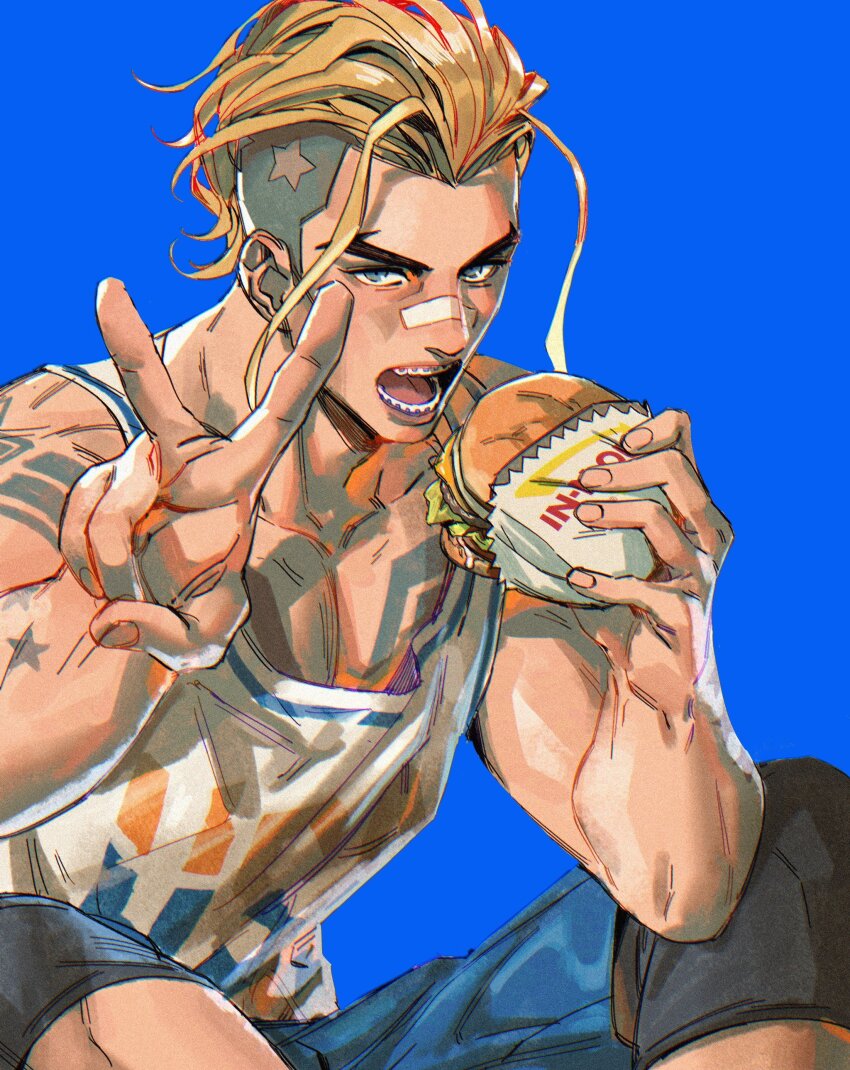 1boy absurdres arm_tattoo arm_up bandages bandaid bandaid_on_face bandaid_on_nose bare_shoulders blonde_hair blue_background blue_eyes blue_pants braces burger chest_tattoo collarbone commentary english_commentary food food_wrapper forked_eyebrows haddockkkk highres holding holding_burger holding_food in-n-out_burger looking_at_viewer luke_sullivan male_focus muscular muscular_male open_mouth pants pectorals print_tank_top shoulder_tattoo simple_background sitting solo star_(symbol) street_fighter street_fighter_6 street_fighter_v tank_top tattoo teeth thick_eyebrows tongue v