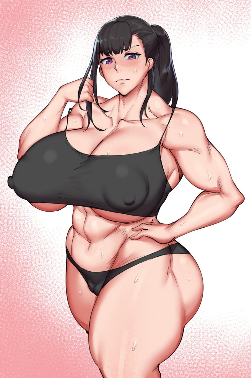 1girl abs bare_shoulders black_hair blunt_bangs breasts cleavage cleft_of_venus collarbone en&#039;en_no_shouboutai firefighter gradient_background high_ponytail highres huge_breasts looking_at_viewer maki_oze muscular muscular_female natedecock nipples purple_eyes sidelocks standing sweat thick_thighs thighs