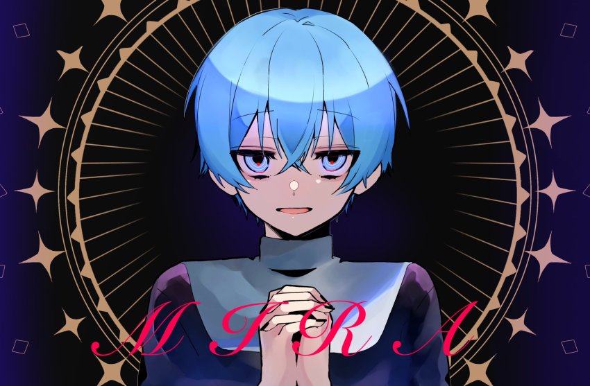 1boy black_background blue_background blue_eyes blue_hair colon_(stpri) facing_viewer highres hosizora_(sparetime) light_rays looking_at_viewer male_focus mira_(cevio) multicolored_background open_mouth own_hands_together praying short_hair smile solo strawberry_prince