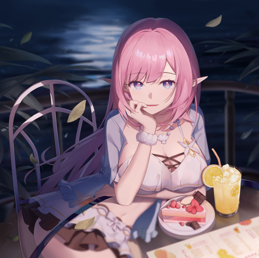 1girl absurdres bikini bikini_top_only black_skirt blue_eyes breasts cake cake_slice chinese_commentary chocolate cleavage commentary_request cup drinking_straw elbow_on_table elysia_(honkai_impact) elysia_(summer_miss_elf)_(honkai_impact) falling_leaves food fruit glass_table head_rest highres honkai_(series) honkai_impact_3rd jacket jewelry large_breasts layered_skirt leaf lemon lemon_slice lemonade ling_kongling long_hair looking_at_viewer midriff navel necklace on_chair open_clothes open_jacket open_mouth outdoors pink_hair pink_pupils plate pointy_ears scrunchie sidelocks sitting skirt smile solo strawberry_cake swimsuit table white_bikini white_jacket white_scrunchie white_skirt wrist_scrunchie