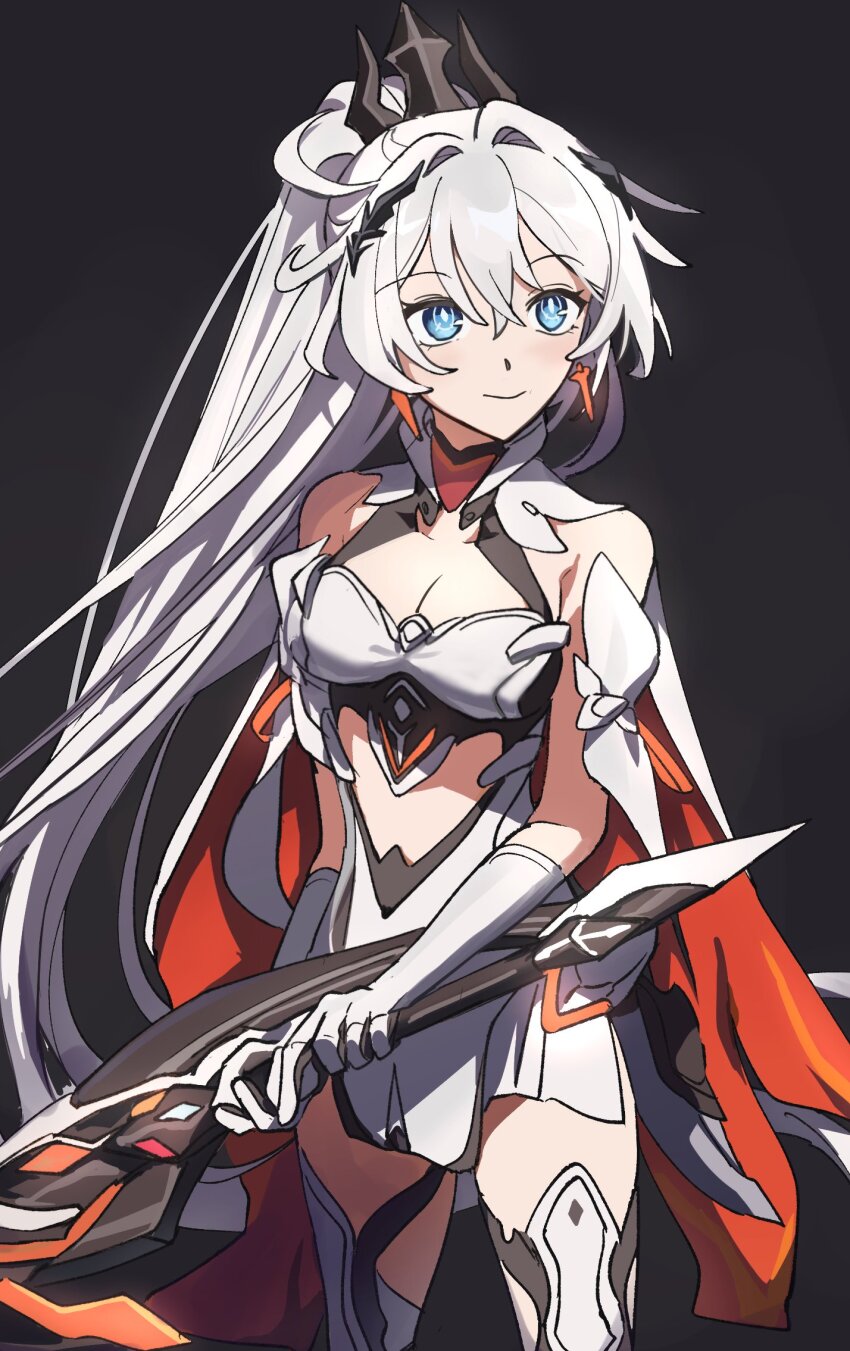 1girl black_background blue_eyes breasts cape cleavage clothing_cutout commentary cowboy_shot dress earrings elbow_gloves gloves greatsword hair_between_eyes high_ponytail highres holding holding_sword holding_weapon honkai_(series) honkai_impact_3rd jewelry kiana_kaslana kiana_kaslana_(herrscher_of_flamescion) long_hair looking_up medium_breasts orange_cape simple_background smile solo stomach_cutout sword symbol-only_commentary thighhighs two-tone_cape uehara_suiyo weapon white_cape white_dress white_gloves white_hair white_thighhighs