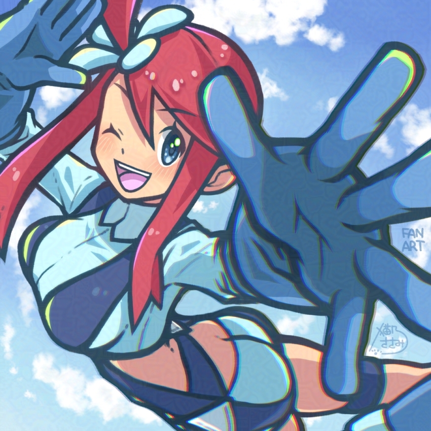 1girl ass blue_eyes blue_sky blush breasts butt_crack creatures_(company) crop_top dark-skinned_female dark_skin falling game_freak gloves large_breasts long_hair long_sleeves looking_at_viewer nintendo one_eye_closed open_mouth pokemon pokemon_bw red_hair sasami_642 shorts sky skyla_(pokemon) solo teeth upper_teeth_only wink