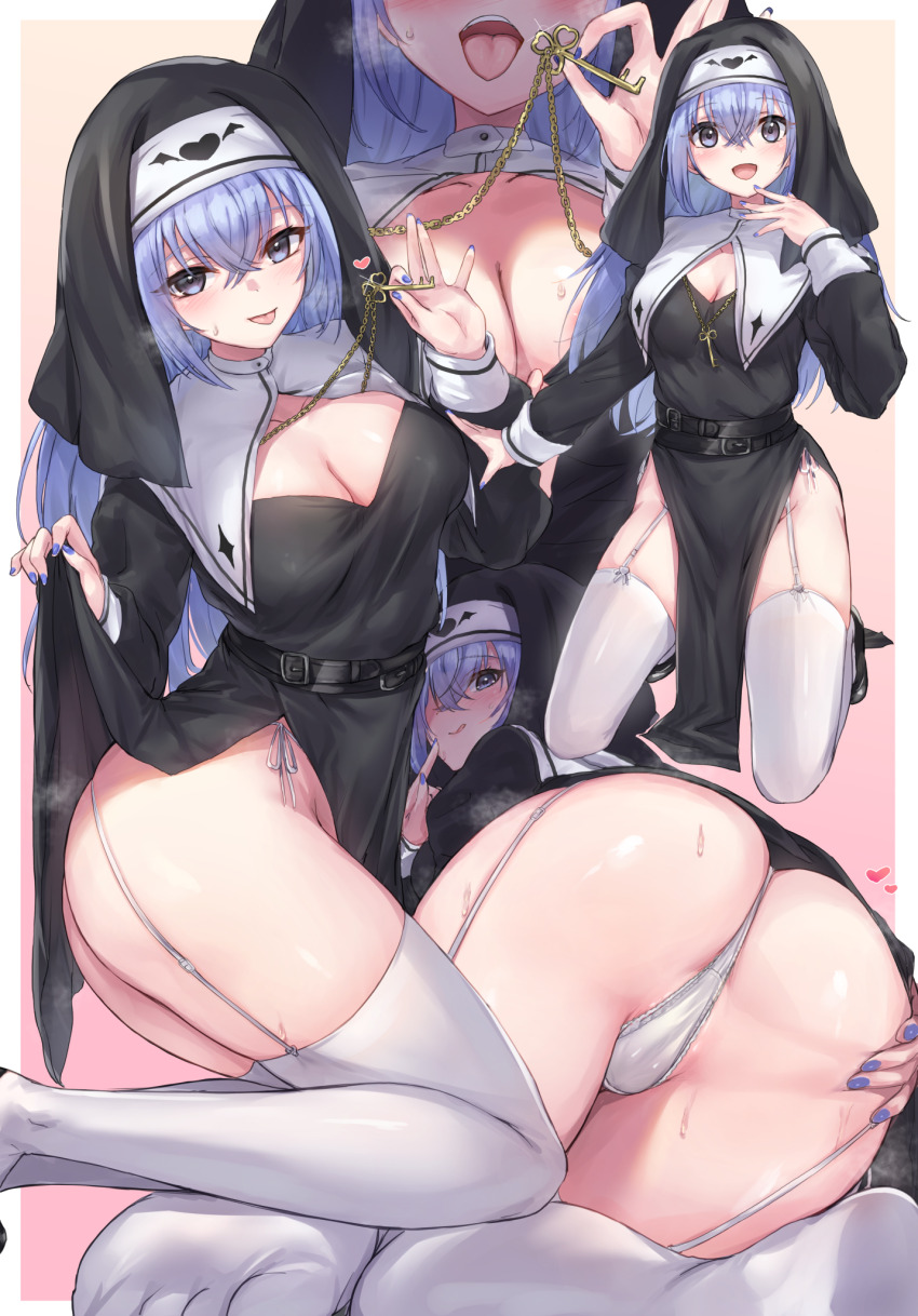 1girl areola_slip ass belt black_belt black_dress black_veil blue_hair blush breasts cameltoe cleavage cleavage_cutout clothing_cutout crossed_bangs dress garter_straps habit hair_between_eyes halloween_costume highres idolmaster idolmaster_shiny_colors jewelry key key_necklace kneeling long_hair long_sleeves looking_at_viewer medium_breasts naughty_face necklace no_shoes nun official_alternate_costume open_mouth panties pelvic_curtain purple_eyes revision smile spread_ass suzuki_hana sweat thighhighs tongue tongue_out underwear veil white_panties white_thighhighs yoi_naosuke