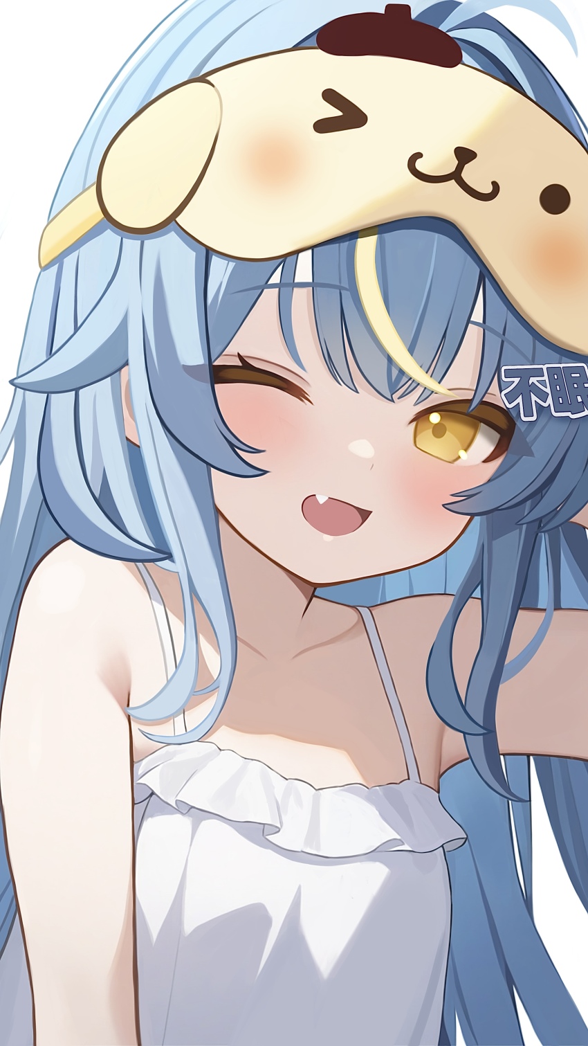 1girl ;d absurdres ahoge bare_shoulders blue_hair breasts camisole collarbone commentary_request dog_mask fang frilled_camisole frills fuminshou_(nekopan_art) hair_between_eyes hair_ornament hand_in_own_hair highres letter_hair_ornament light_blush long_hair looking_at_viewer mask mask_on_head multicolored_hair one_eye_closed open_mouth original raised_eyebrows sidelocks simple_background sleep_mask small_breasts smile spaghetti_strap streaked_hair white_background white_camisole yellow_eyes