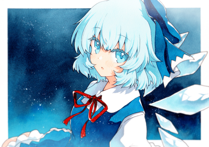 1girl blue_background blue_dress blue_eyes blue_hair blush cirno dress frills hair_between_eyes highres ice ice_wings looking_at_viewer medium_hair qqqrinkappp ribbon short_sleeves solo star_(sky) starry_sky_background touhou wings