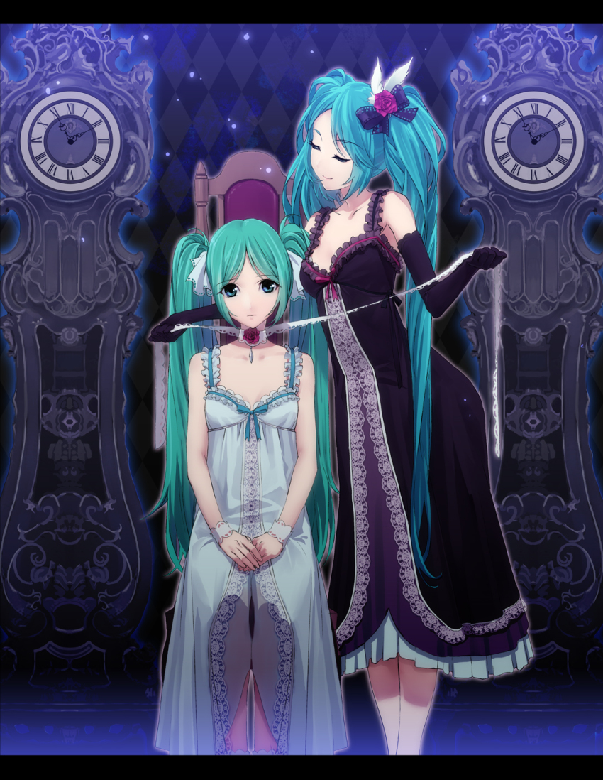 2girls aqua_eyes aqua_hair black_dress clock dress dual_persona elbow_gloves flower frills gloves hair_flower hair_ornament hatsune_miku highres letterboxed long_hair multiple_girls ribbon rose twintails very_long_hair vocaloid white_dress yahako