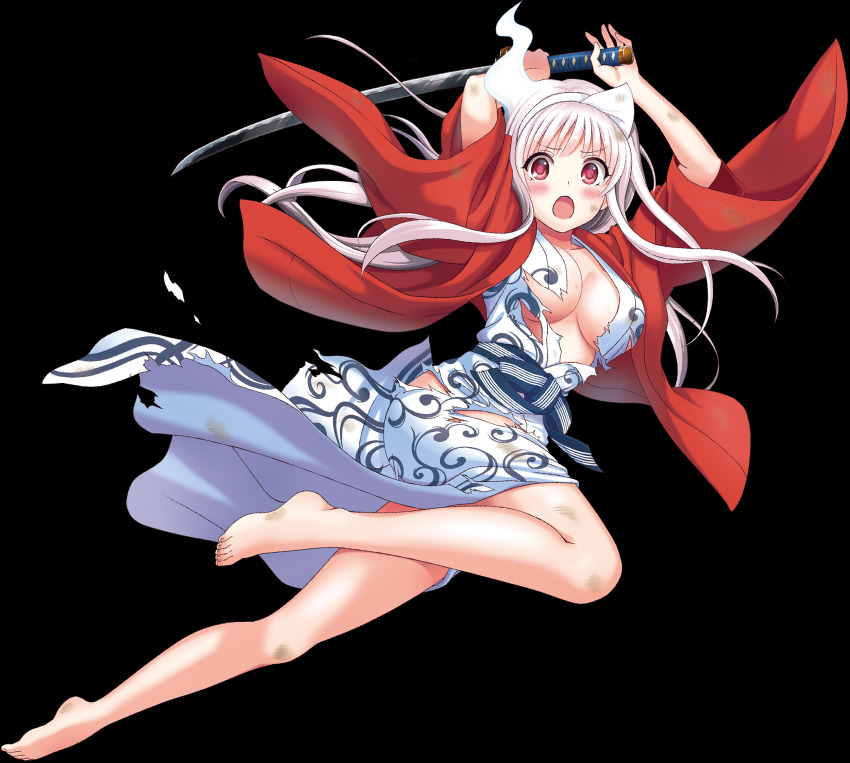 1girl :o barefoot blush breasts floating_hair full_body ghost highres holding holding_sword holding_weapon katana large_breasts long_hair long_sleeves miura_tadahiro official_art open_clothes open_mouth open_robe red_eyes robe solo sword torn_clothes transparent_background triangular_headpiece two-handed weapon white_hair wide_sleeves yunohana_yuuna yuragisou_no_yuuna-san