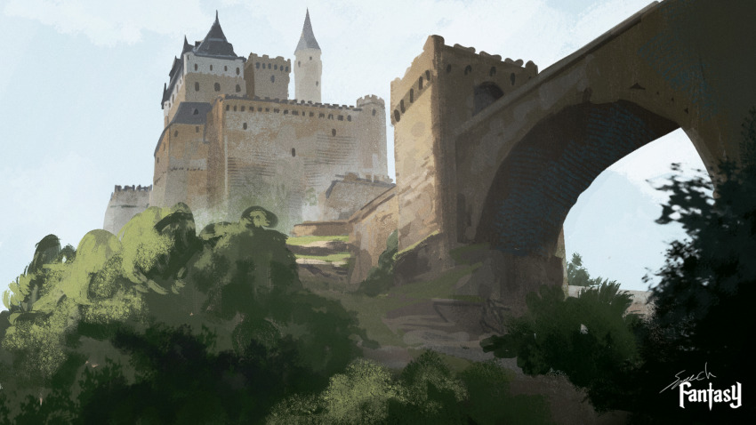 bridge castle cloud cloudy_sky day fantasy highres medieval night no_humans original outdoors scenery sky sonech tower tree