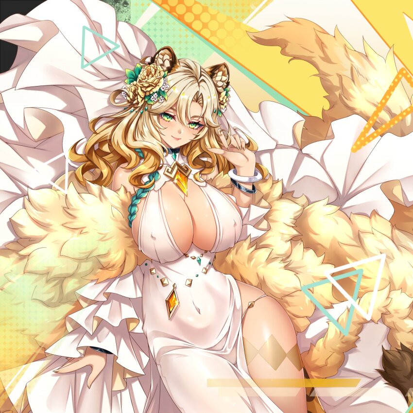 1girl aata1007 alternate_breast_size animal_ears bare_shoulders blonde_hair breasts cleavage covered_erect_nipples covered_navel dark_skin fur_trim genshin_impact green_eyes highres impossible_clothes jaguar_ears jaguar_girl jewelry large_breasts long_hair looking_at_viewer multicolored_hair tan thighs xilonen_(genshin_impact)