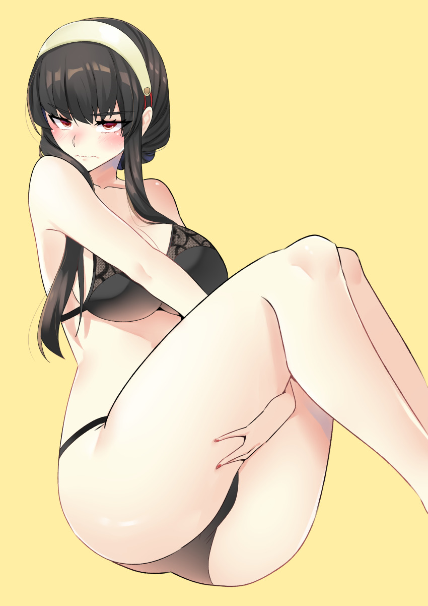 1girl absurdres ass black_bra black_hair black_panties blush bra breasts cleavage closed_mouth collarbone feet_out_of_frame hairband highres knees_up kuroeart large_breasts legs legs_together long_hair looking_at_viewer nail_polish panties red_eyes red_nails shoulder_blush sidelocks simple_background sitting solo spy_x_family thighs underwear underwear_only wavy_mouth white_hairband yellow_background yor_briar