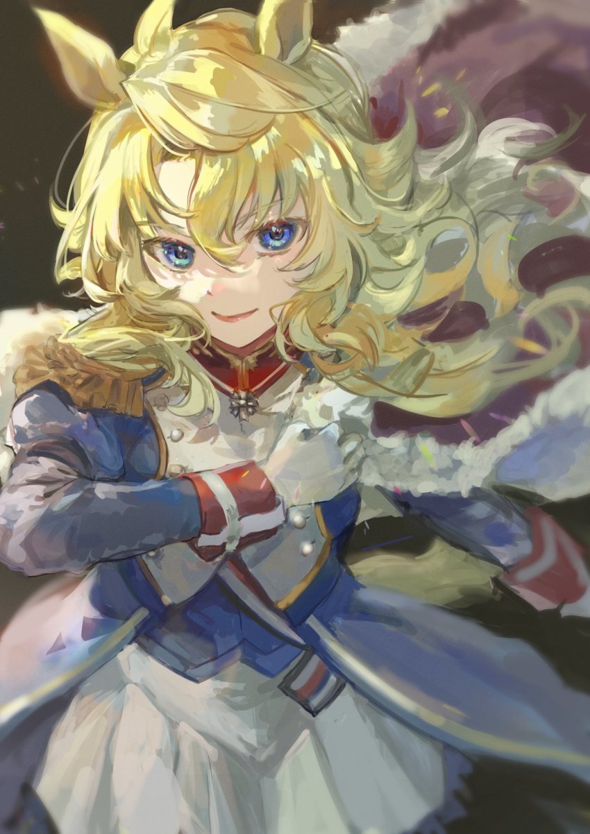 1girl animal_ears blonde_hair blue_eyes blue_jacket broye_(umamusume) cape closed_mouth fur_cape gloves highres horse_ears horse_girl horse_tail jacket lips lipstick long_hair long_sleeves looking_at_viewer makeup red_cape skirt smile solo tail umamusume wavy_hair white_gloves white_skirt yoshiaki_(yosiaki_ml)