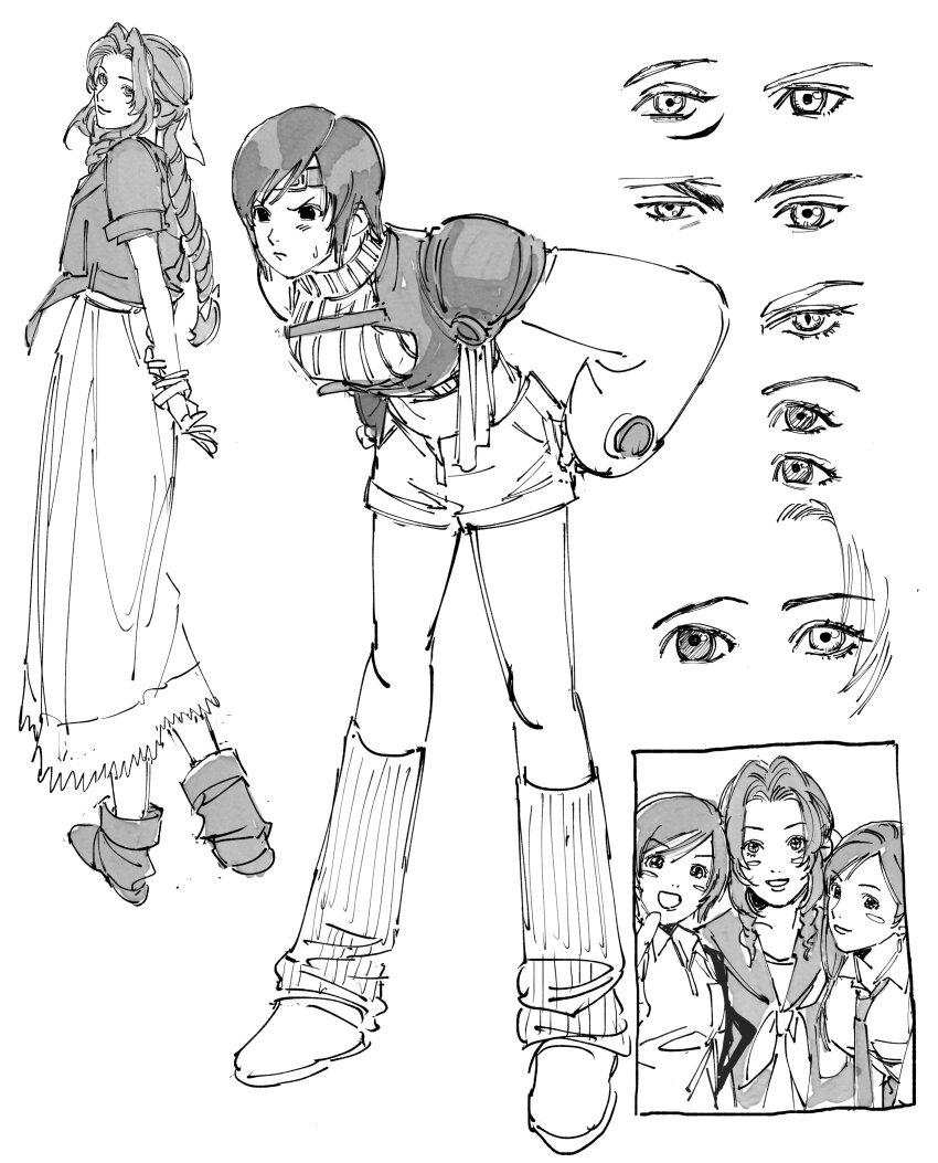 2o_n8c 3girls absurdres aerith_gainsborough armor arms_behind_back bangle boots bracelet braid braided_ponytail breasts chest_strap collared_shirt crop_top cropped_jacket dress final_fantasy final_fantasy_vii final_fantasy_vii_rebirth final_fantasy_vii_remake full_body greyscale hair_ribbon hands_on_own_hips headband highres jewelry leaning_forward long_dress long_hair loose_socks medium_breasts midriff monochrome multiple_girls necktie open_fly open_mouth parted_bangs ribbon school_uniform selfie serafuku shirt short_hair short_shorts short_sleeves shorts shoulder_armor sidelocks single_bare_shoulder single_braid single_shoulder_pad sleeveless sleeveless_turtleneck smile socks sweatdrop swept_bangs tifa_lockhart turtleneck v white_background yuffie_kisaragi