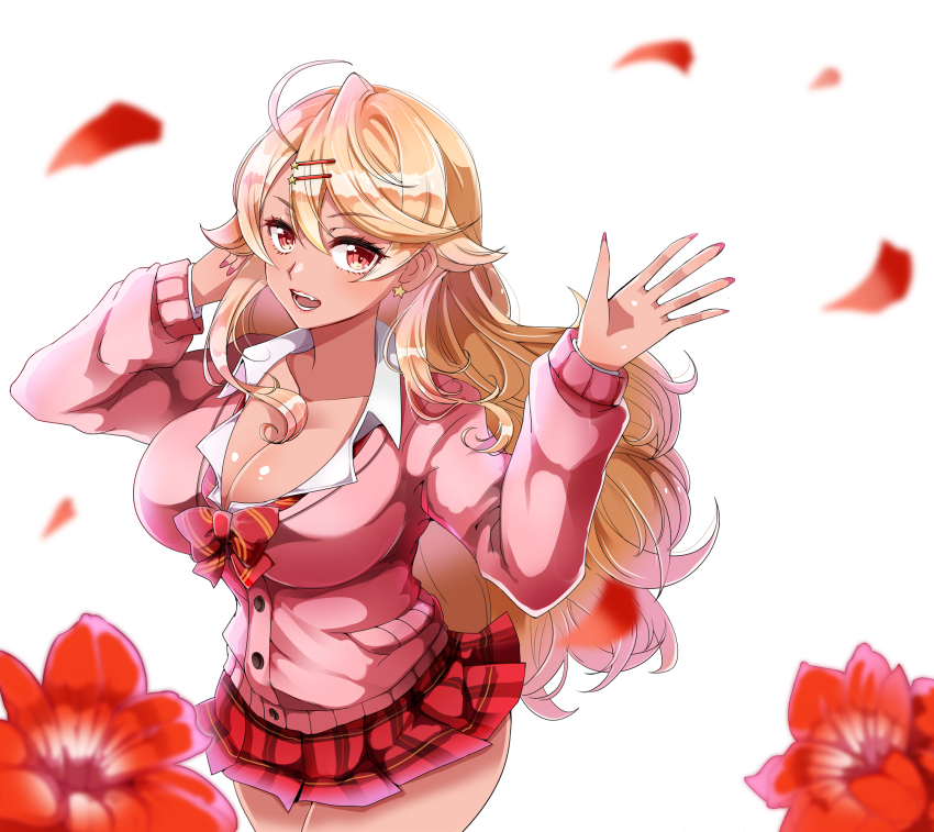 1girl artist_request bare_legs blonde_hair breasts cleavage dark_skin flower highres large_breasts looking_at_viewer miniskirt ouga_saki school_uniform shiny_skin simple_background skirt smile upper_body virtual_youtuber