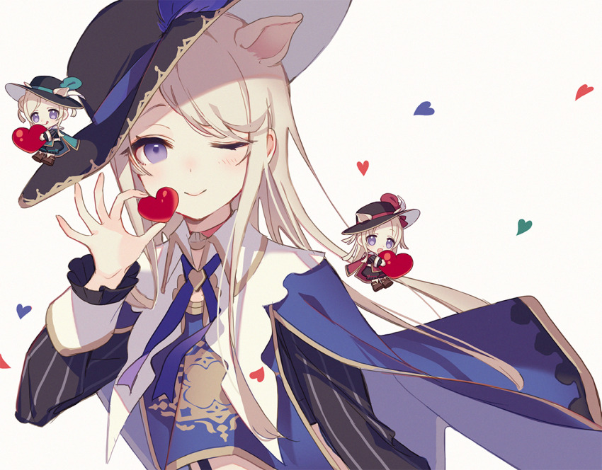 3girls animal_ears blonde_hair blue_eyes blue_little_pig_(sinoalice) blush capelet chibi choker confetti double_bun feathers green_little_pig_(sinoalice) hair_bun happy hat heart holding holding_heart kina_(446964) long_hair long_sleeves looking_at_viewer multiple_girls one_eye_closed pig_ears red_little_pig_(sinoalice) short_hair siblings sidelocks simple_background sinoalice sisters smile twintails white_background