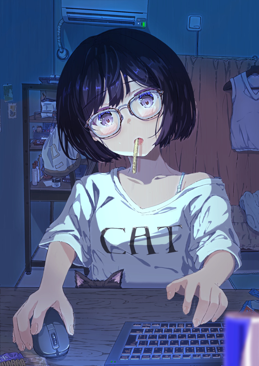 1girl air_conditioner black_cat black_hair blush bob_cut bra_strap breasts cat clothes_hanger clothes_writing collarbone commentary_request computer_keyboard fushimi_asuha glasses grey-framed_eyewear grey_eyes highres holding_computer_mouse indoors medium_breasts mouth_hold open_mouth original shirt short_hair short_sleeves single_bare_shoulder single_off_shoulder solo stick unworn_sweater white_shirt